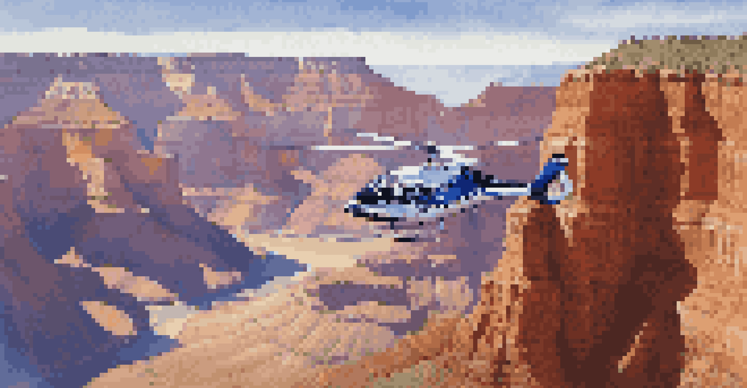 A private helicopter soaring over the Grand Canyon, with dramatic rock formations and a clear blue sky.
