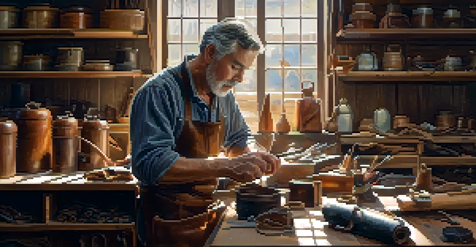 A craftsman hand-stitching a leather handbag in a workshop filled with materials.