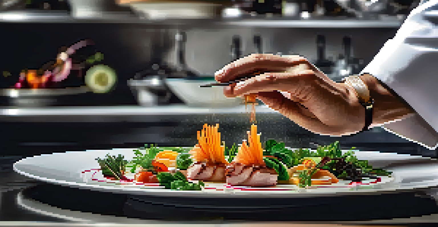 A chef's hands plating a gourmet dish in a modern luxury kitchen, showcasing intricate details and vibrant colors.