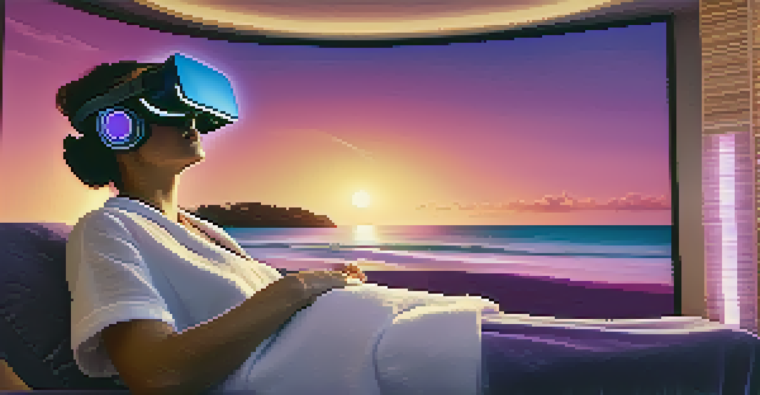 A client in a luxury spa wearing a VR headset during a relaxation session, with a tranquil beach scene projected in the background.