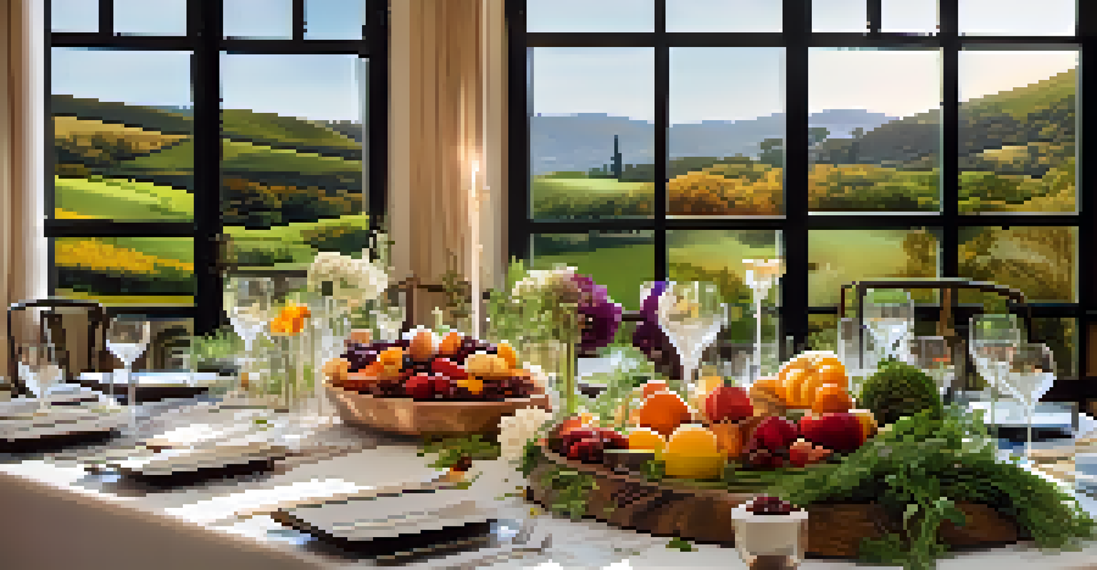 A stylish dining table with gourmet healthy dishes and a view of nature at a wellness retreat.