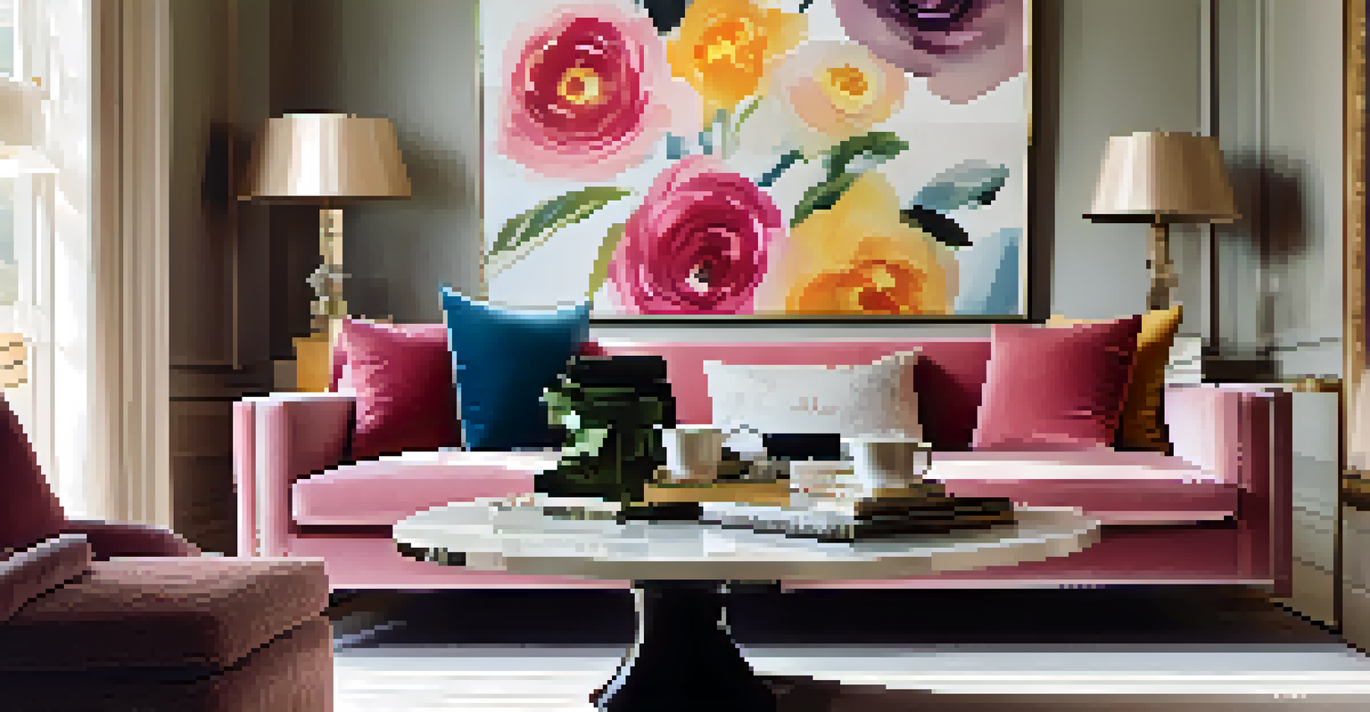 A high-end fashion magazine open on a plush sofa with a stylish coffee table featuring fresh flowers and a designer handbag.