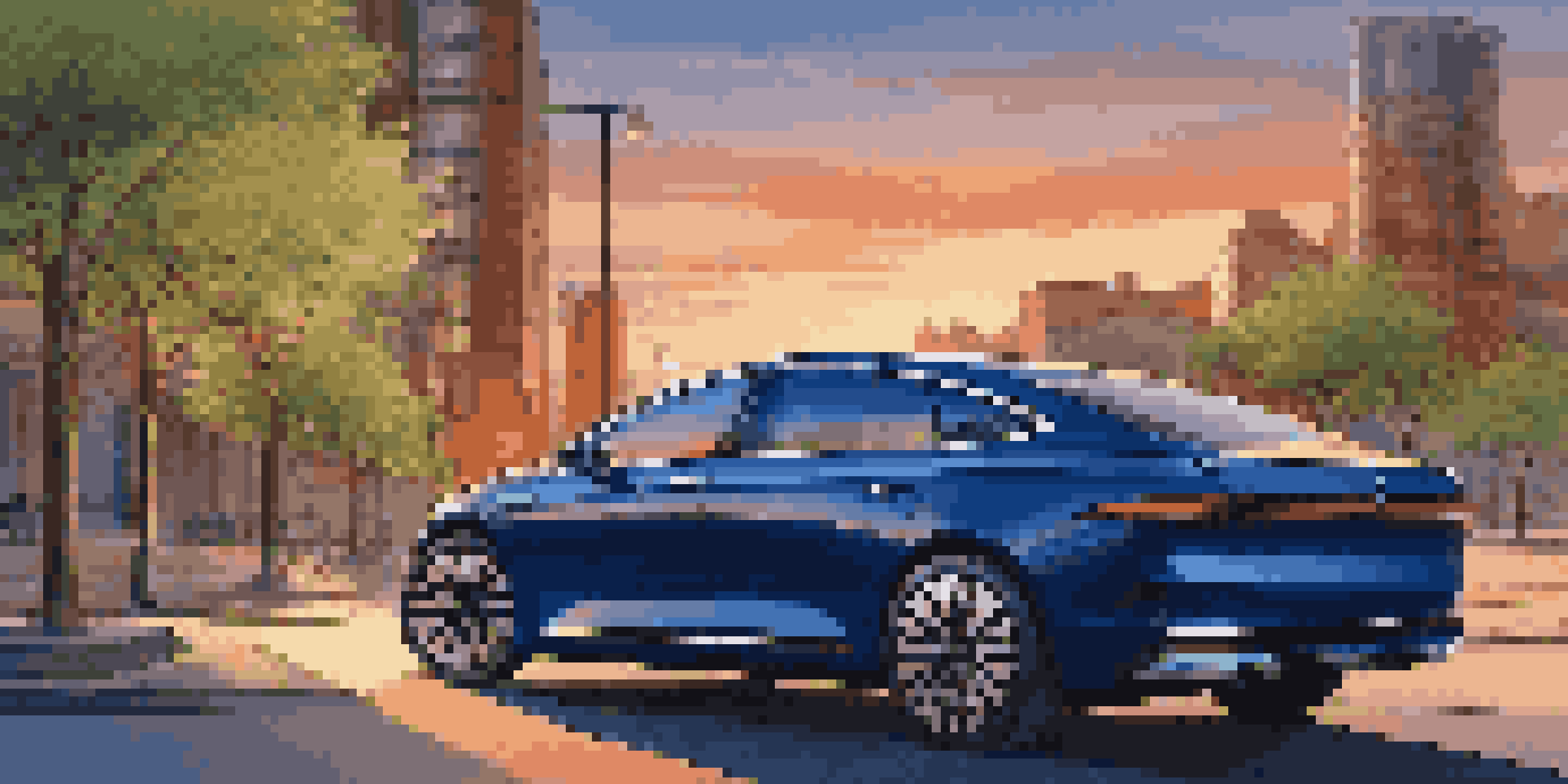 A modern electric luxury sedan in a city setting during sunset, showcasing a futuristic design with vibrant colors.