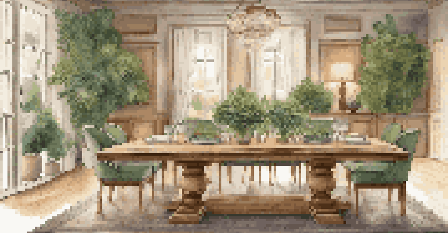 An elegant dining area with a bespoke solid oak dining table set elegantly, surrounded by vibrant green plants and soft lighting.