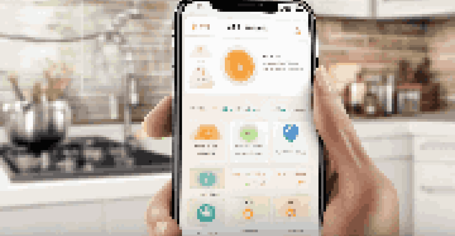 A close-up of a smartphone showing a user-friendly mobile app for home security management in a stylish kitchen.
