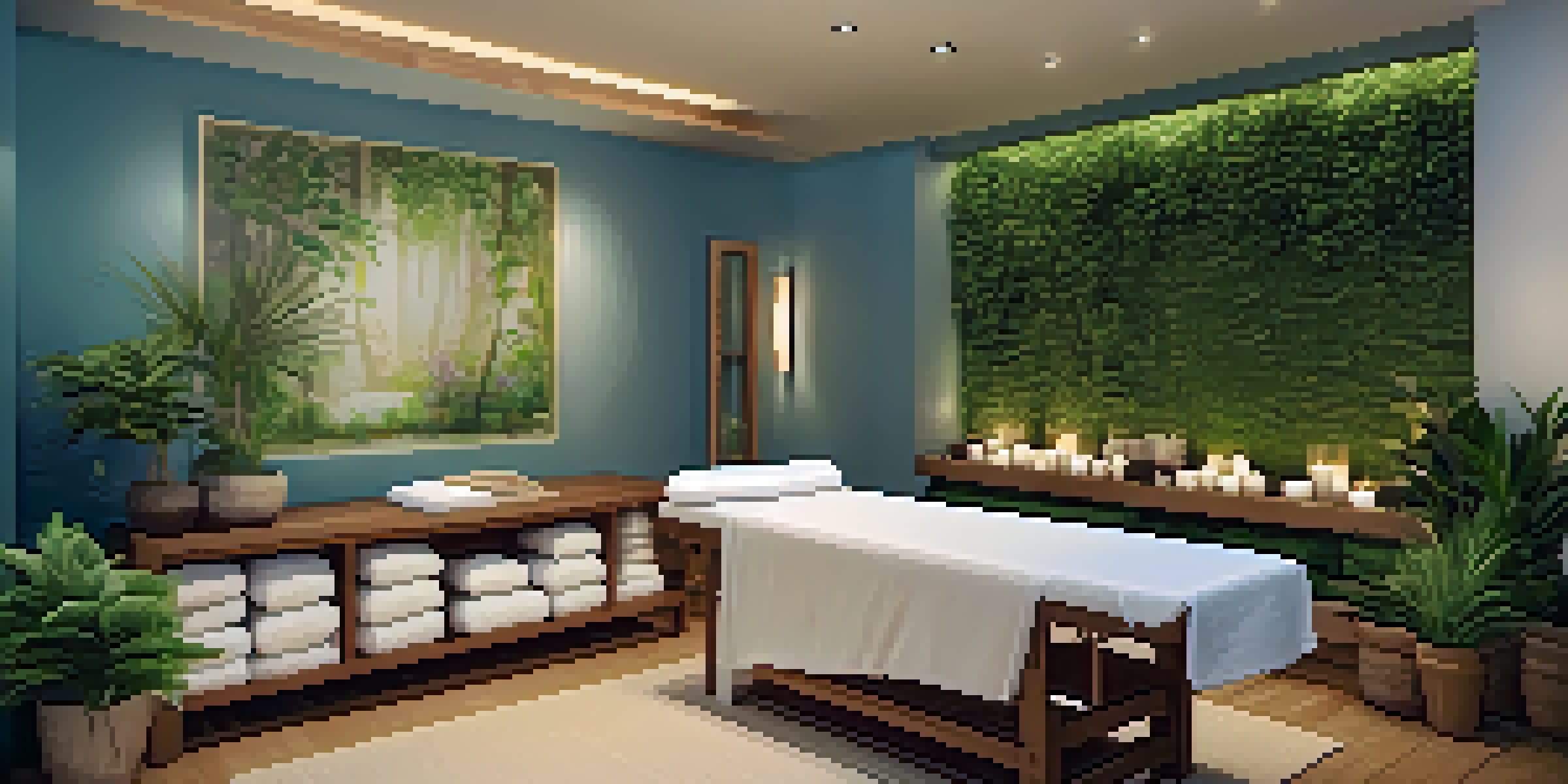 A peaceful spa room with a massage table, ambient lighting, plants, and calming colors.