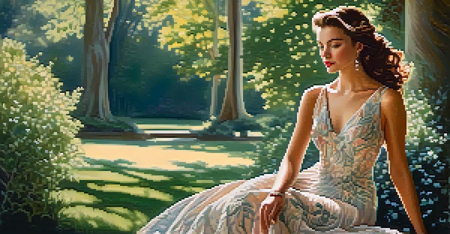 A model in a vintage-inspired gown poses in a sunlit outdoor setting surrounded by trees.