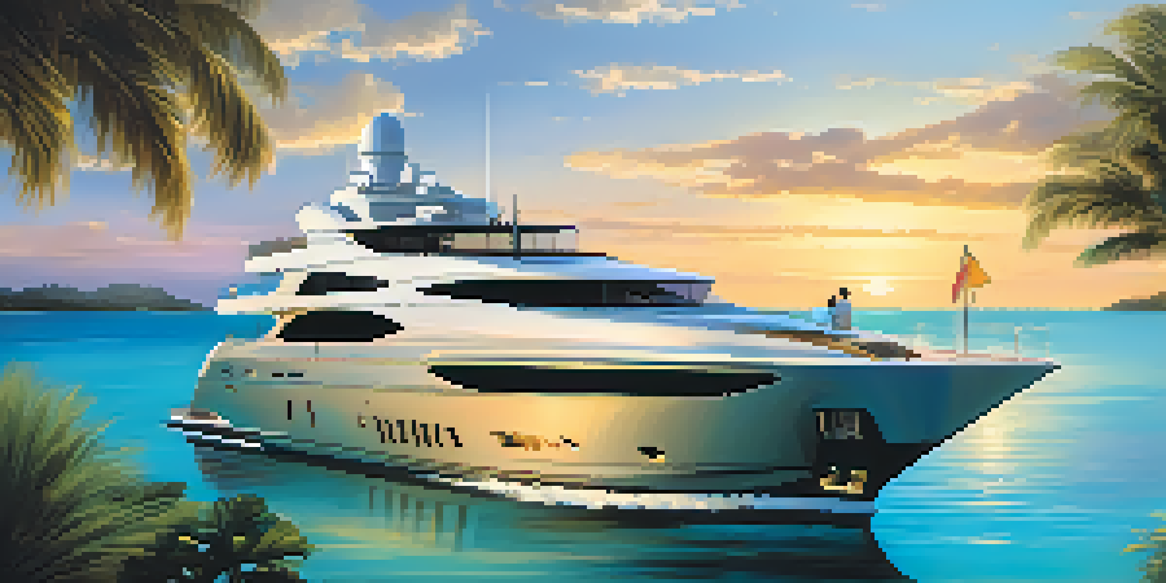 A luxurious yacht in a turquoise bay at sunset, with a couple enjoying champagne on the deck.