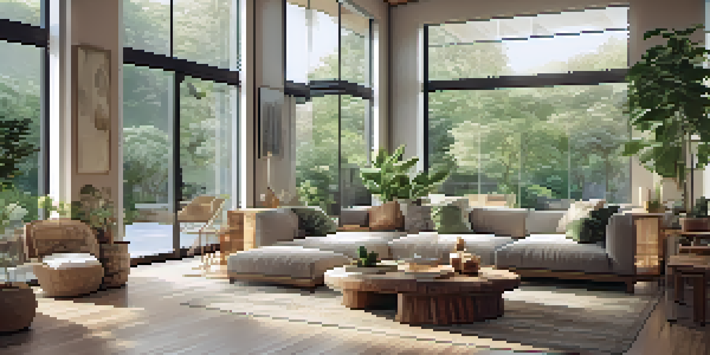 A bright and spacious living room with large windows, featuring natural wood furniture and indoor plants, creating a calm and serene atmosphere.