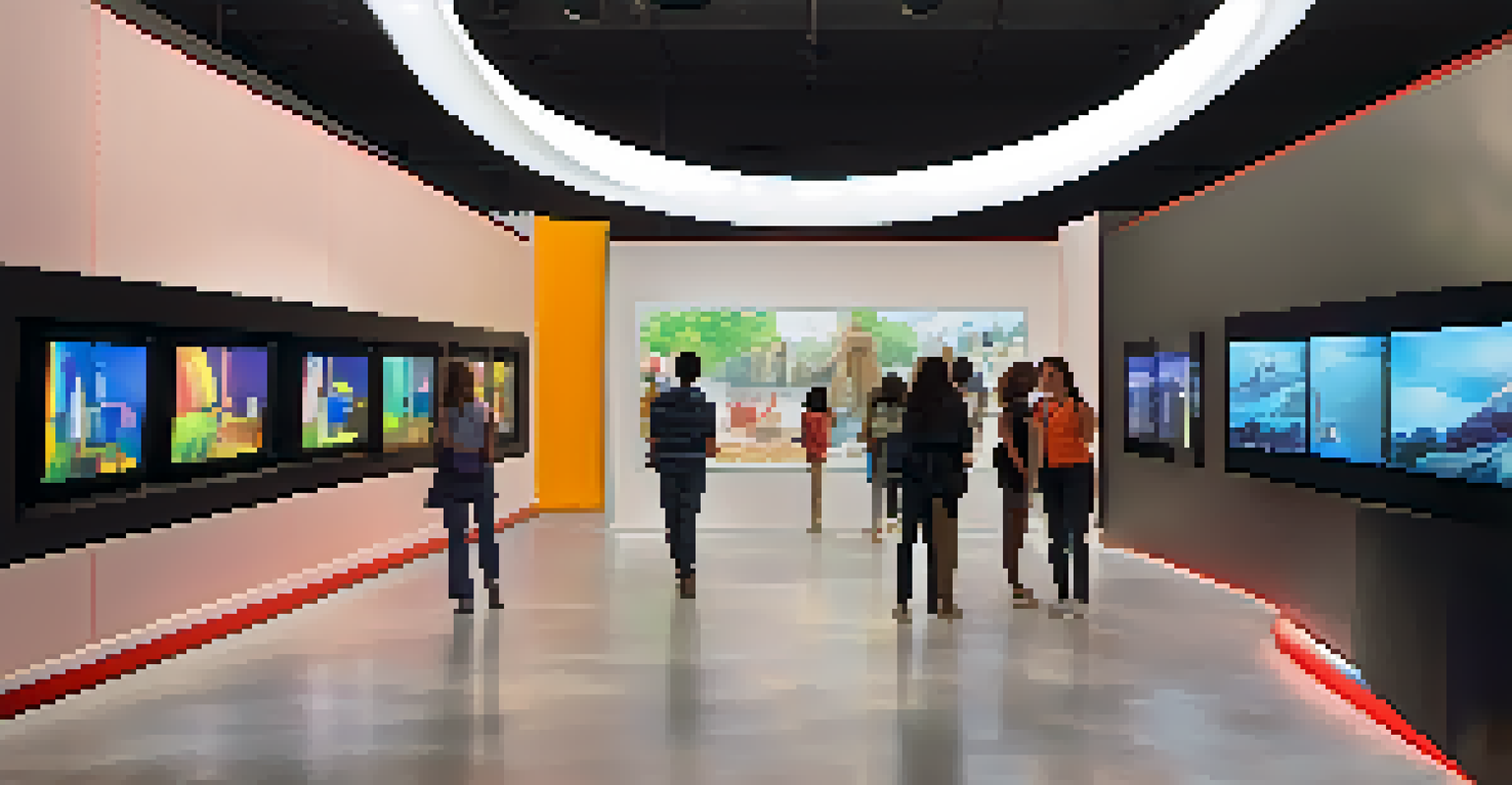 A modern museum exhibit with digital screens and multimedia displays, showcasing visitors interacting with vibrant installations.