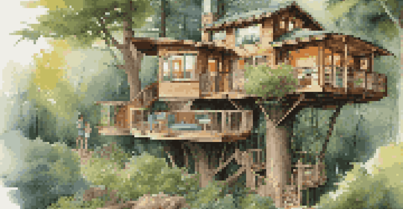 A family enjoying their time in a luxurious treehouse, with children peeking out and parents relaxing on the deck.