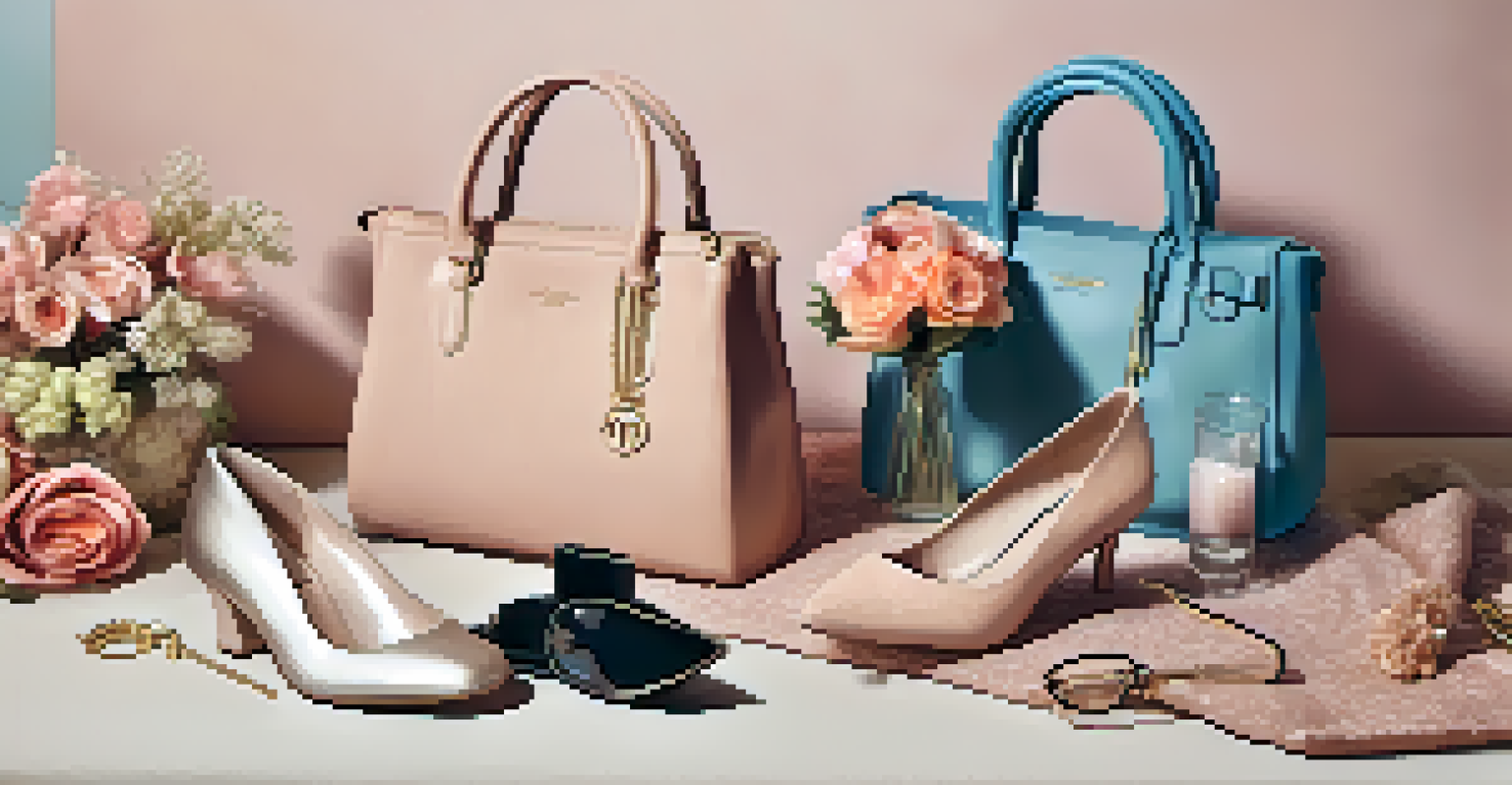 A flat lay of luxury fashion rental items including a designer dress, heels, and accessories arranged beautifully.