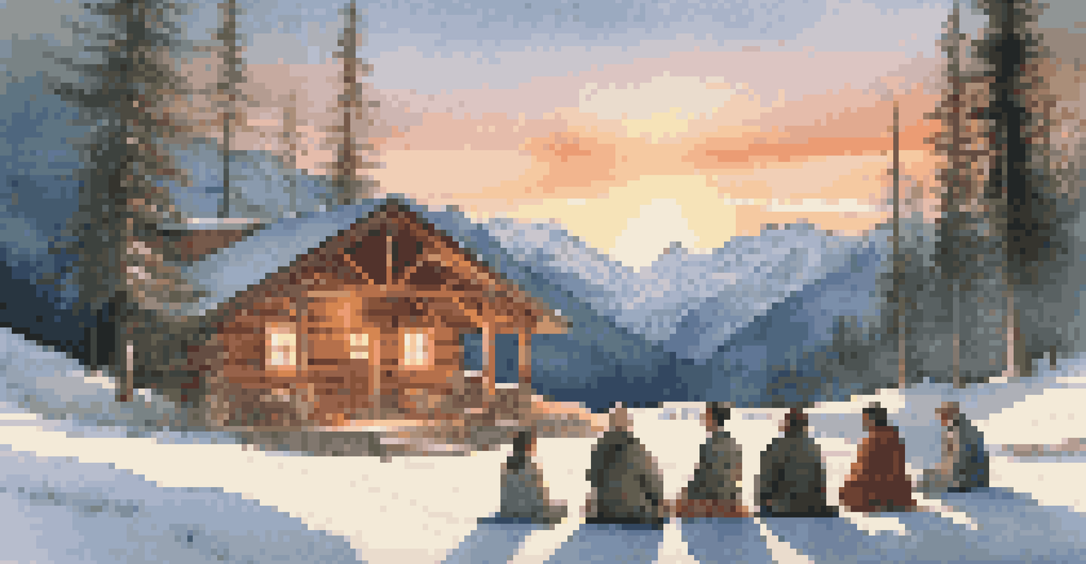 A mountain retreat with a cabin and people meditating outdoors, surrounded by snow-capped peaks and a soft sunrise glow.