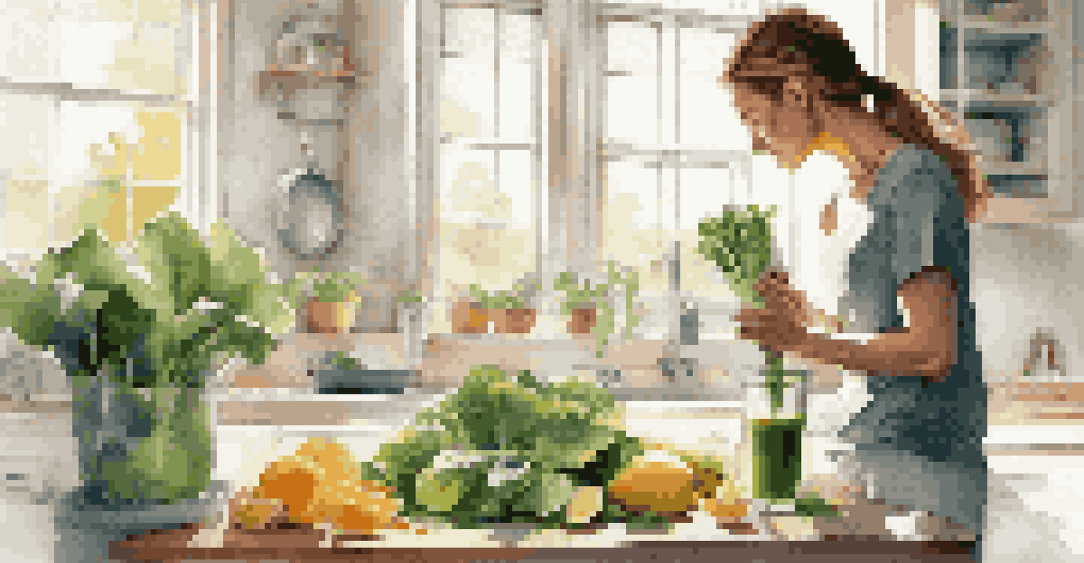 An athlete making a smoothie in a bright kitchen, with fresh ingredients like spinach and bananas visible on the counter.