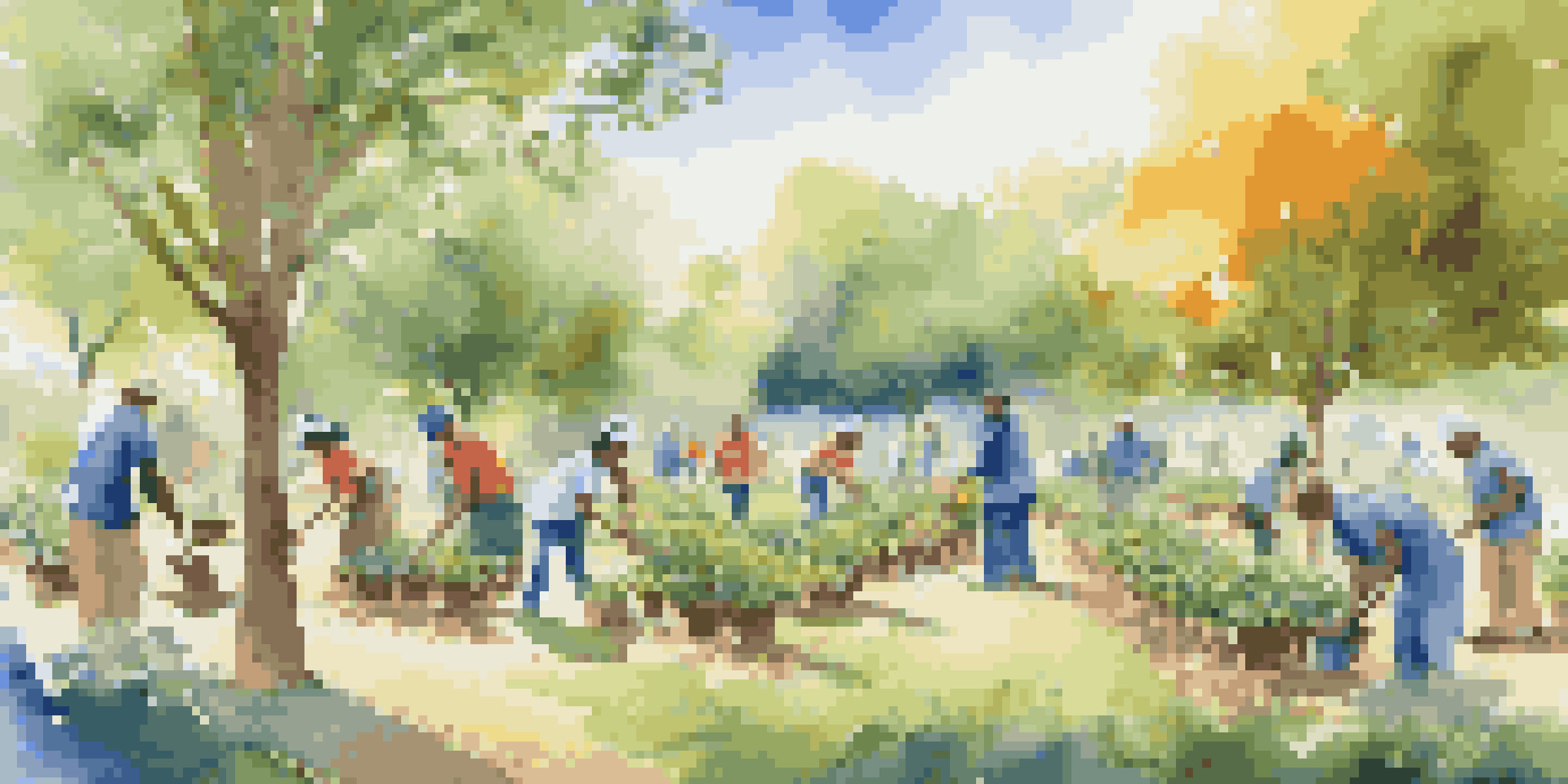 A diverse group of people planting trees in a sunny park, representing community charity efforts.