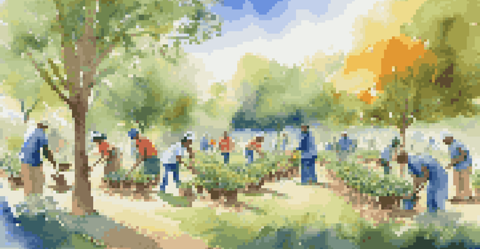 A diverse group of people planting trees in a sunny park, representing community charity efforts.