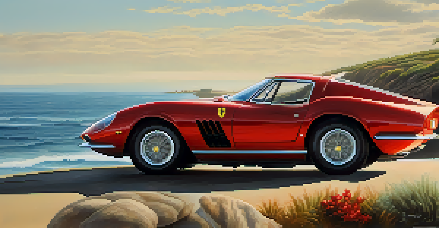 A red Ferrari parked on a coastal road with the ocean in the background.