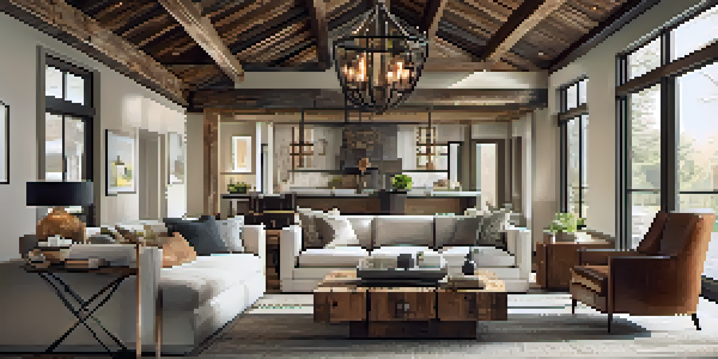 A luxurious living room with a reclaimed wood ceiling and modern furniture, filled with soft natural light.