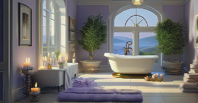A tranquil bathroom with a luxurious bathtub filled with lavender bath oil, candles, and white towels, creating a serene ambiance.
