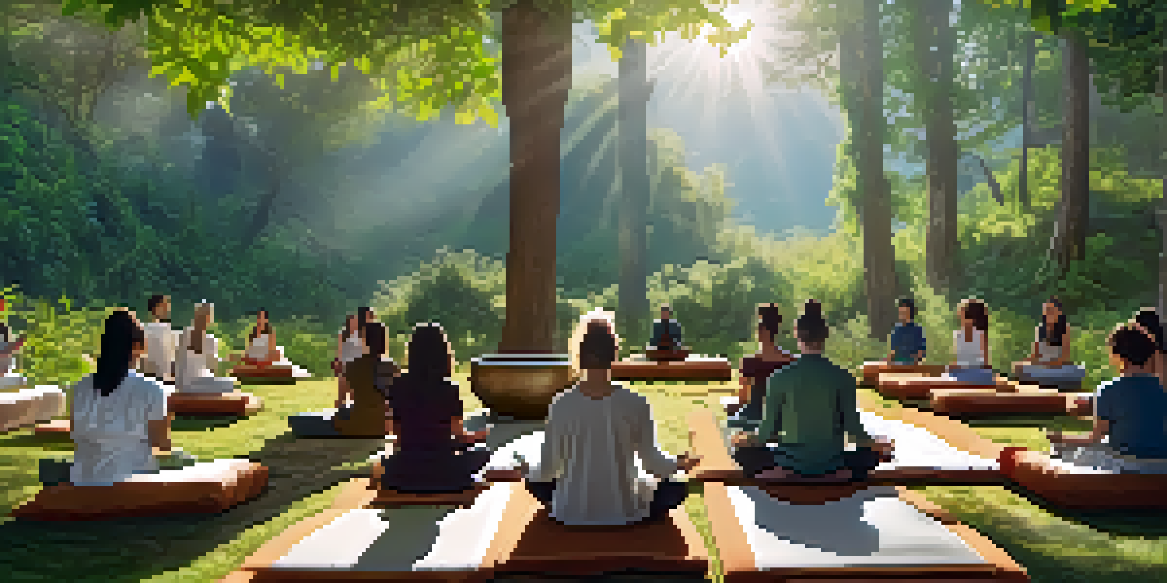An outdoor wellness retreat with participants lying on mats during a sound bath session surrounded by nature.