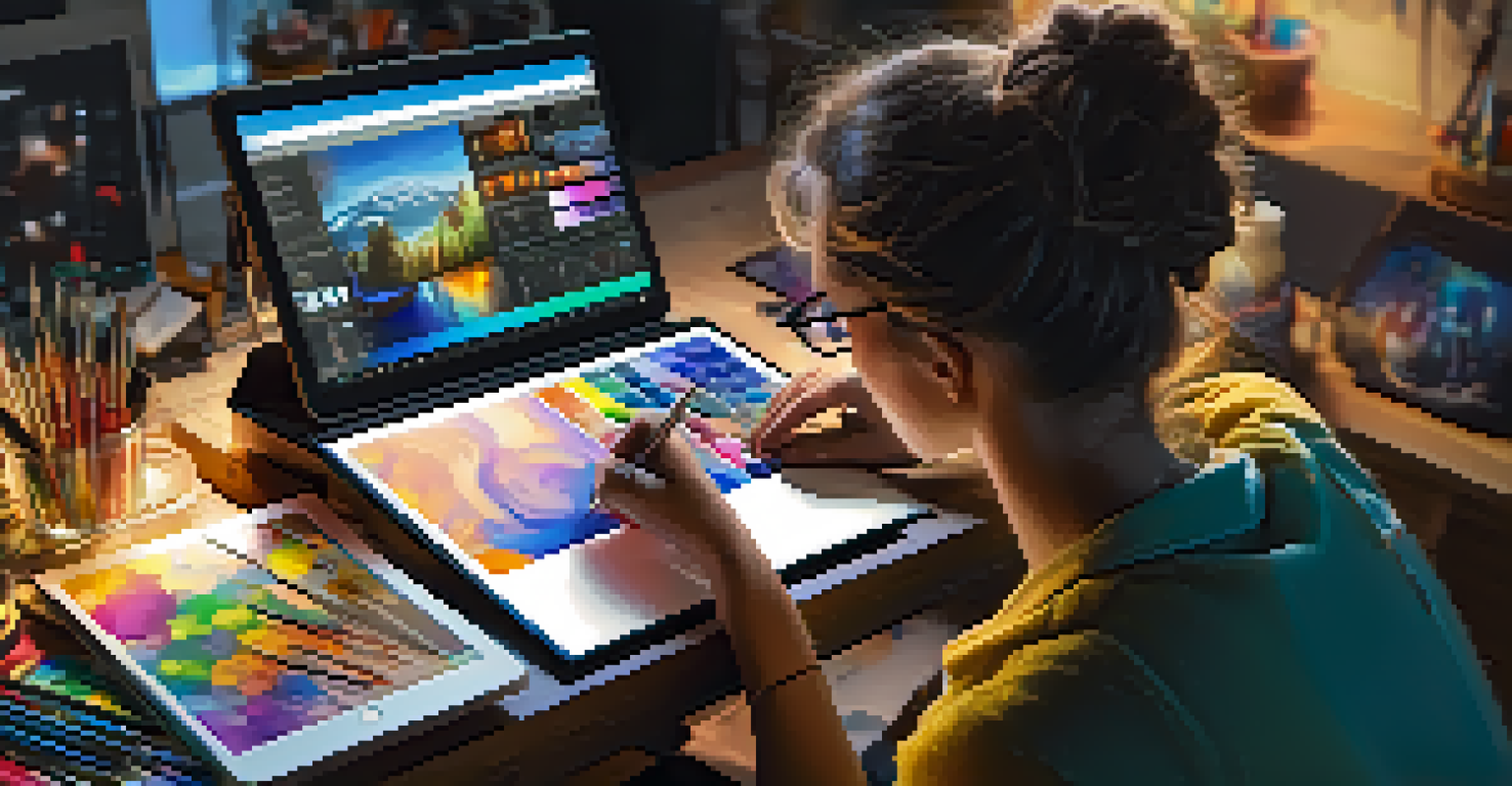 A digital artist working intently on a tablet, with colorful reflections on their face and a bright, creative workspace around them.