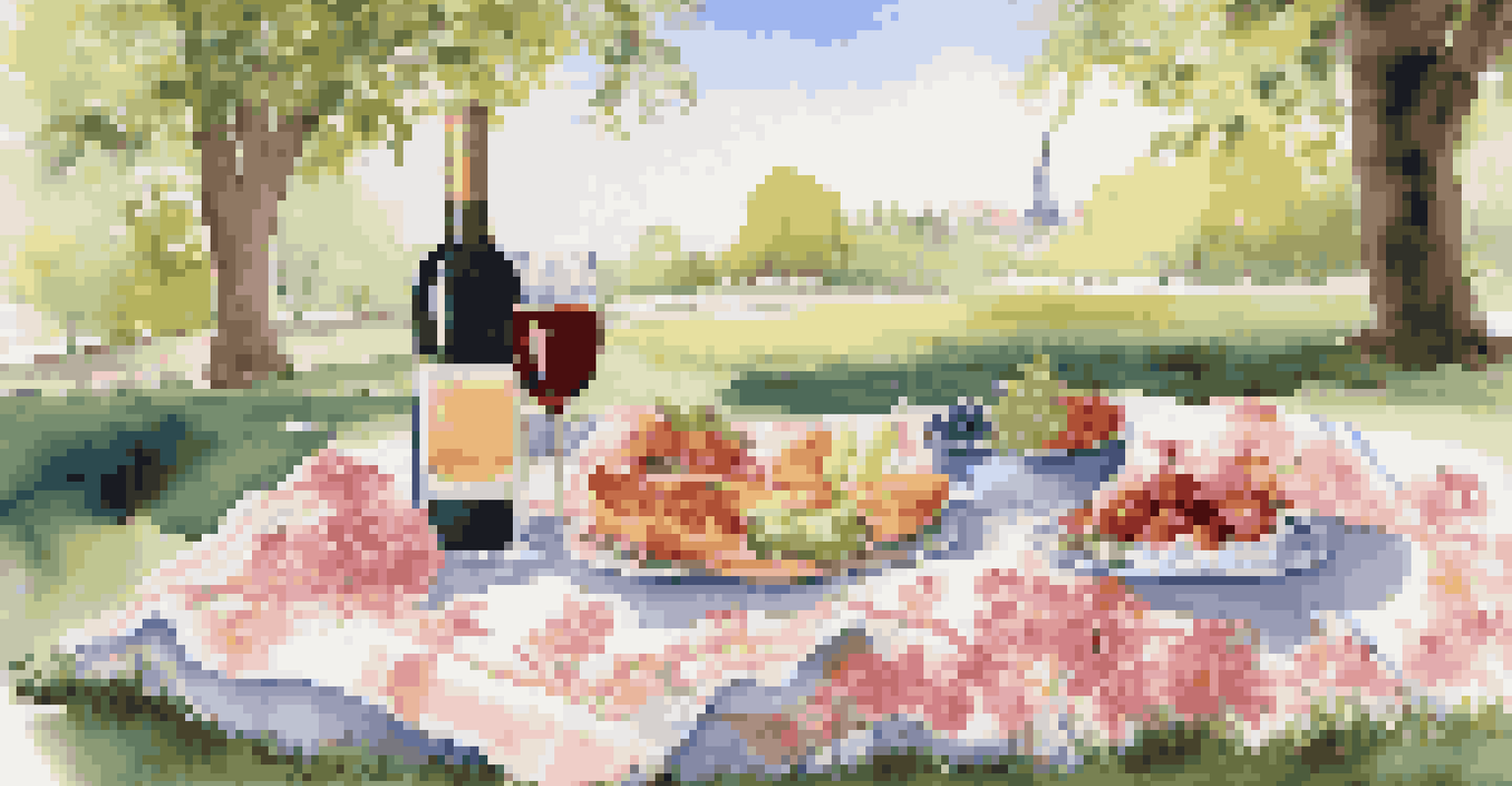 A luxurious picnic setup in a park with a colorful blanket, gourmet food, and wine glasses surrounded by flowers and trees under a clear blue sky.