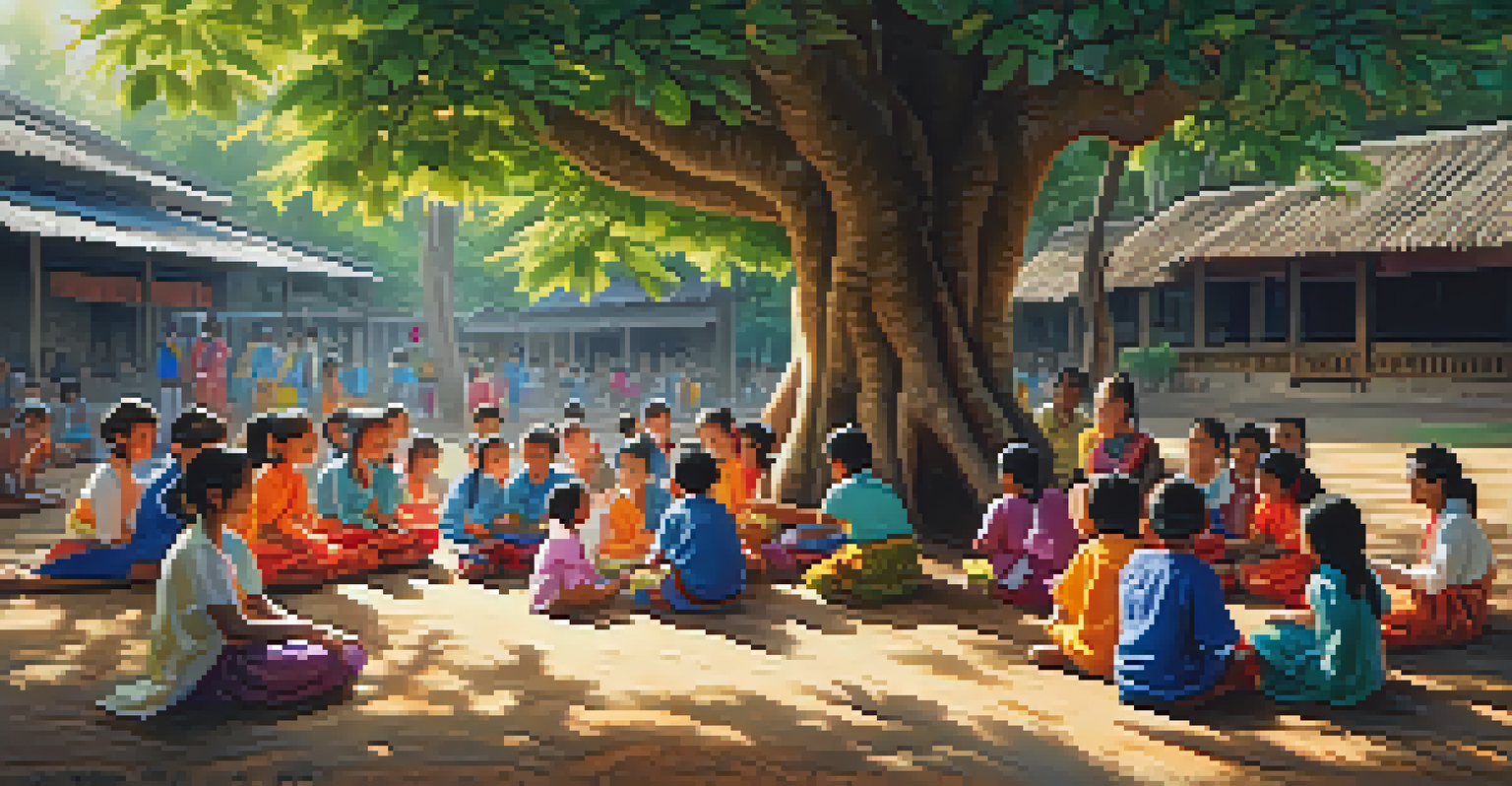 Volunteers teaching children in a Thai village under a large tree, with bright colors and smiling faces.