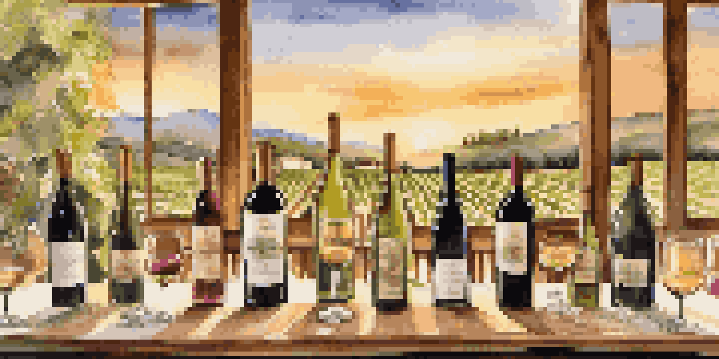 A wooden table set for a wine tasting, with vintage wine bottles, crystal glasses, and vineyards in the background during sunset.