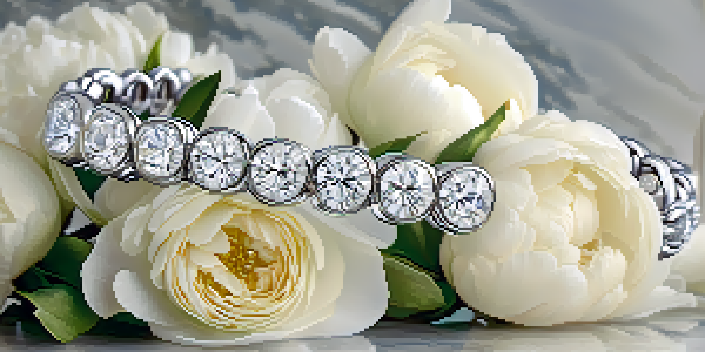 A classic diamond tennis bracelet on a marble countertop, surrounded by soft white peonies, sparkling in natural light.