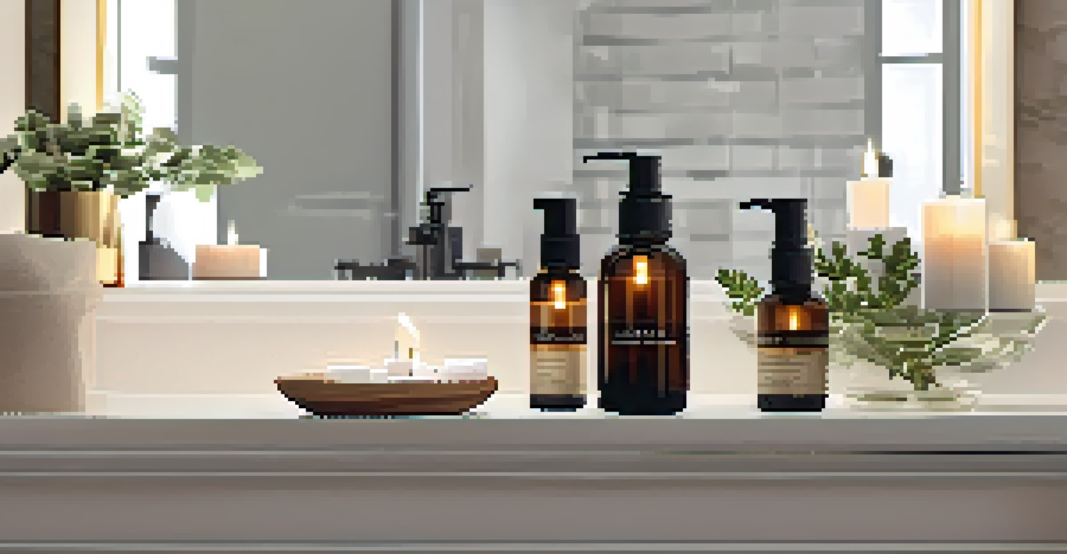 A bathroom countertop with essential oils, candles, and natural decor elements, creating a calming atmosphere.