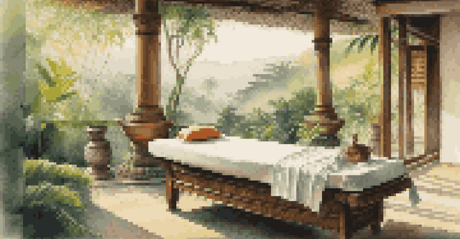 A serene private terrace in Bali overlooking lush rice terraces, with a massage table set up for a traditional Balinese massage in soft morning light.