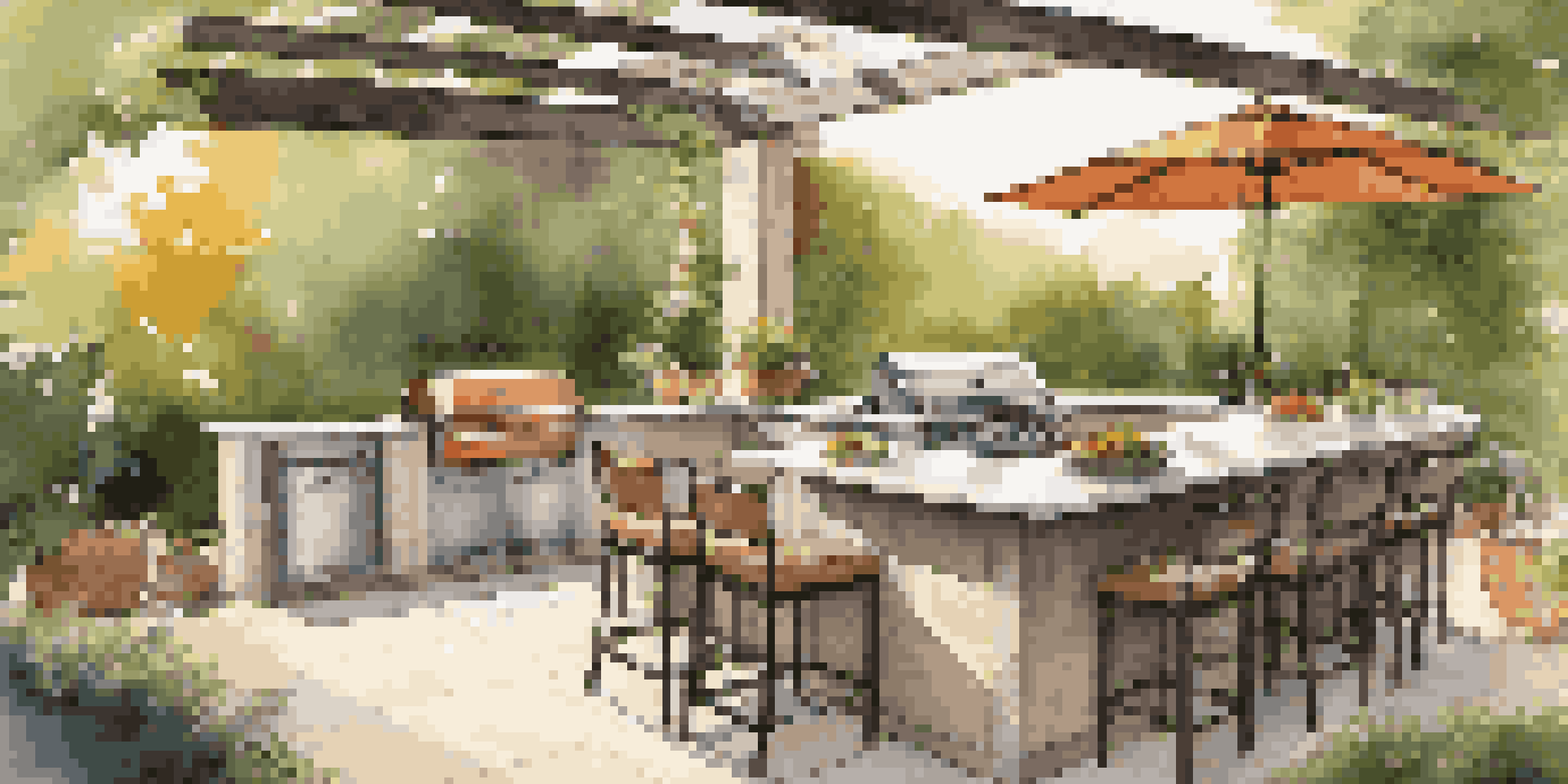 A beautifully designed outdoor kitchen with stainless steel appliances and a granite island in a lush backyard during sunset.