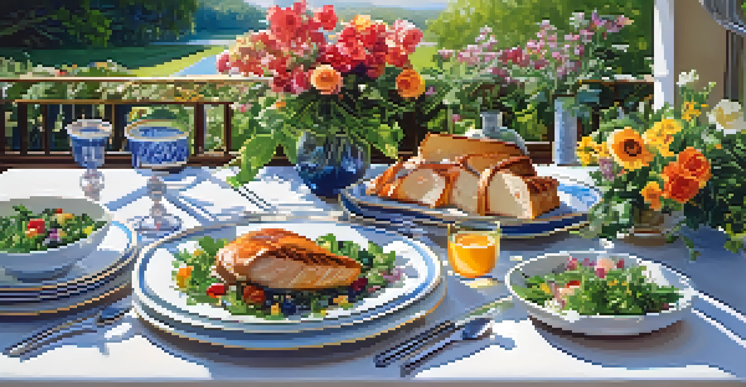 An outdoor dining table with a gourmet meal and vibrant flowers, set in a sunny garden.