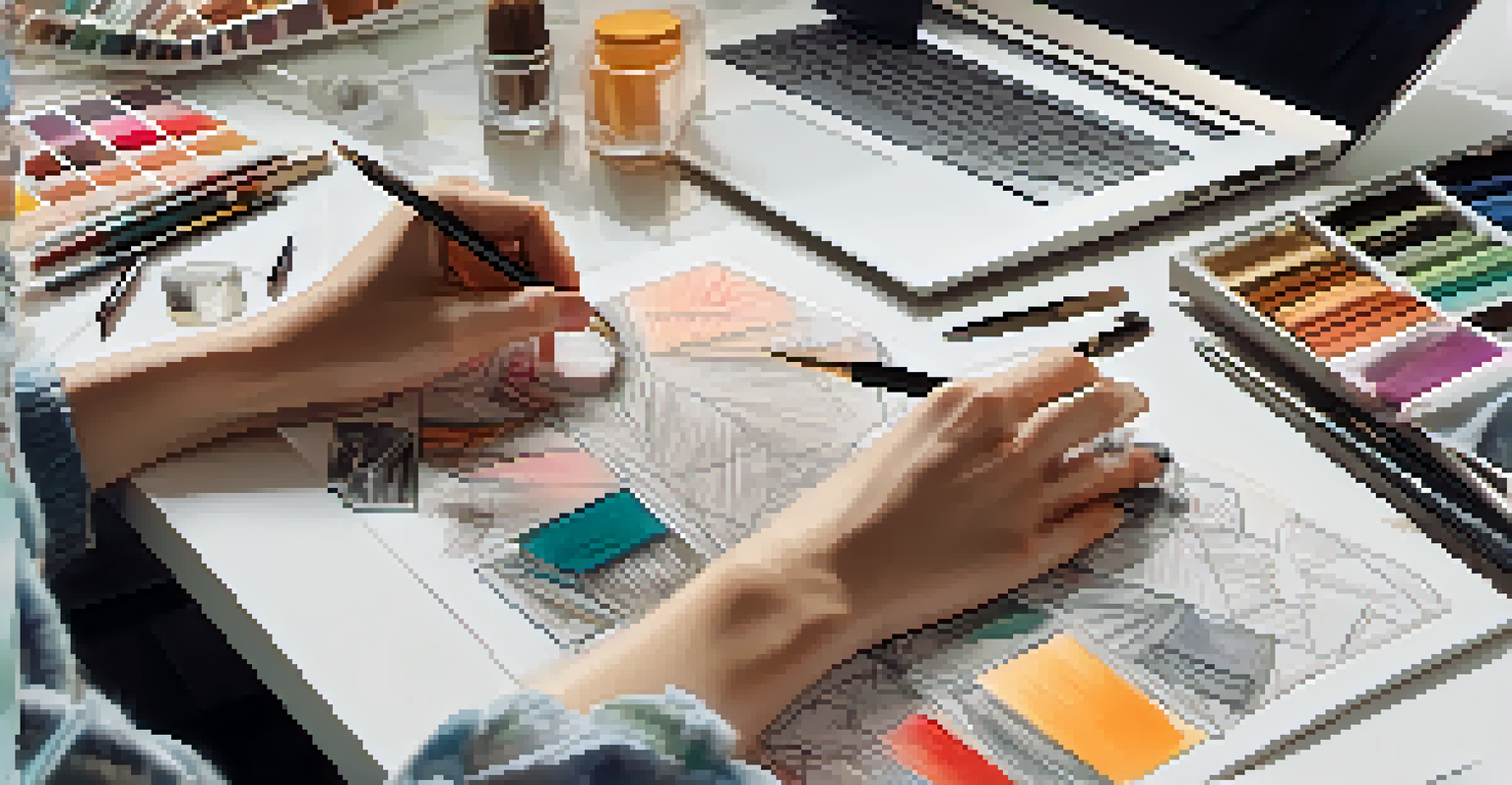 A designer sketching a fashion collection on a stylish desk, with fabric swatches and a mood board in the background.