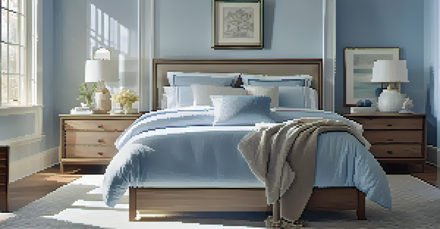 A serene bedroom with a reed diffuser on a bedside table, illuminated by sunlight.