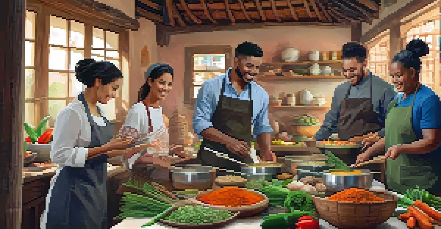 Travelers enjoying a local cooking class with fresh ingredients and a local chef, highlighting cultural exchange and community.