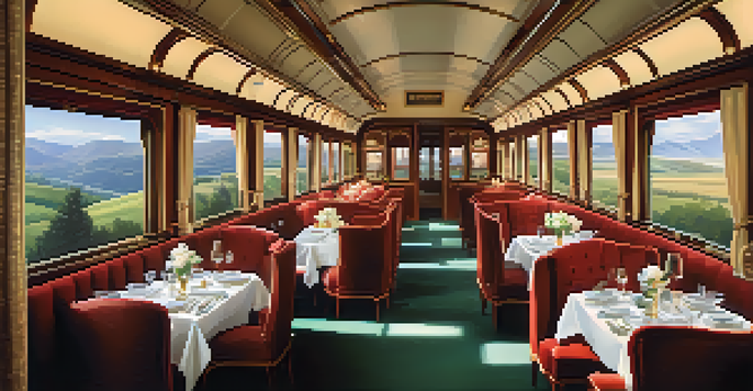 An elegant dining car on a luxury train with plush seats and gourmet meals served, showcasing beautiful landscapes through large windows.