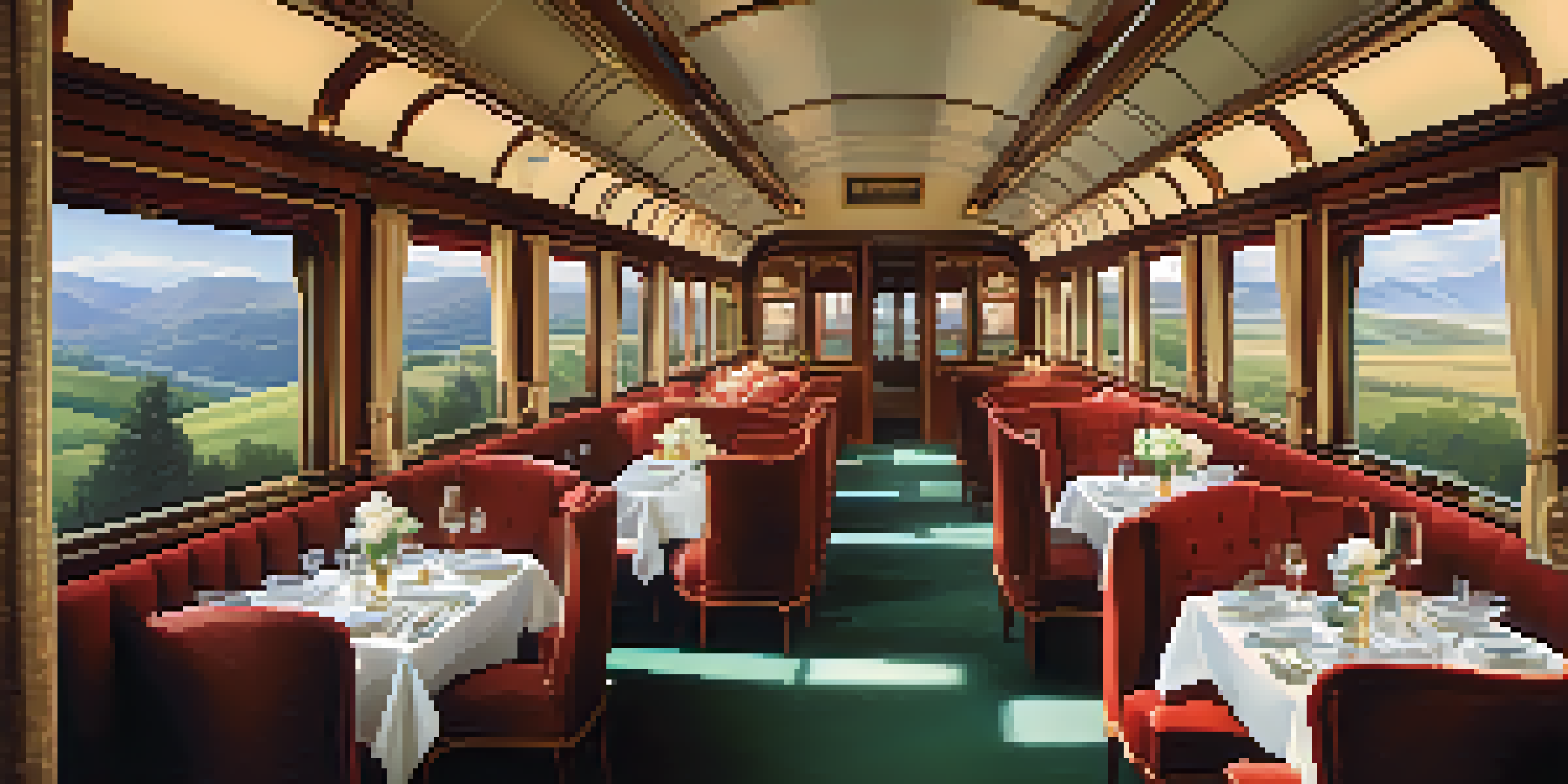 An elegant dining car on a luxury train with plush seats and gourmet meals served, showcasing beautiful landscapes through large windows.