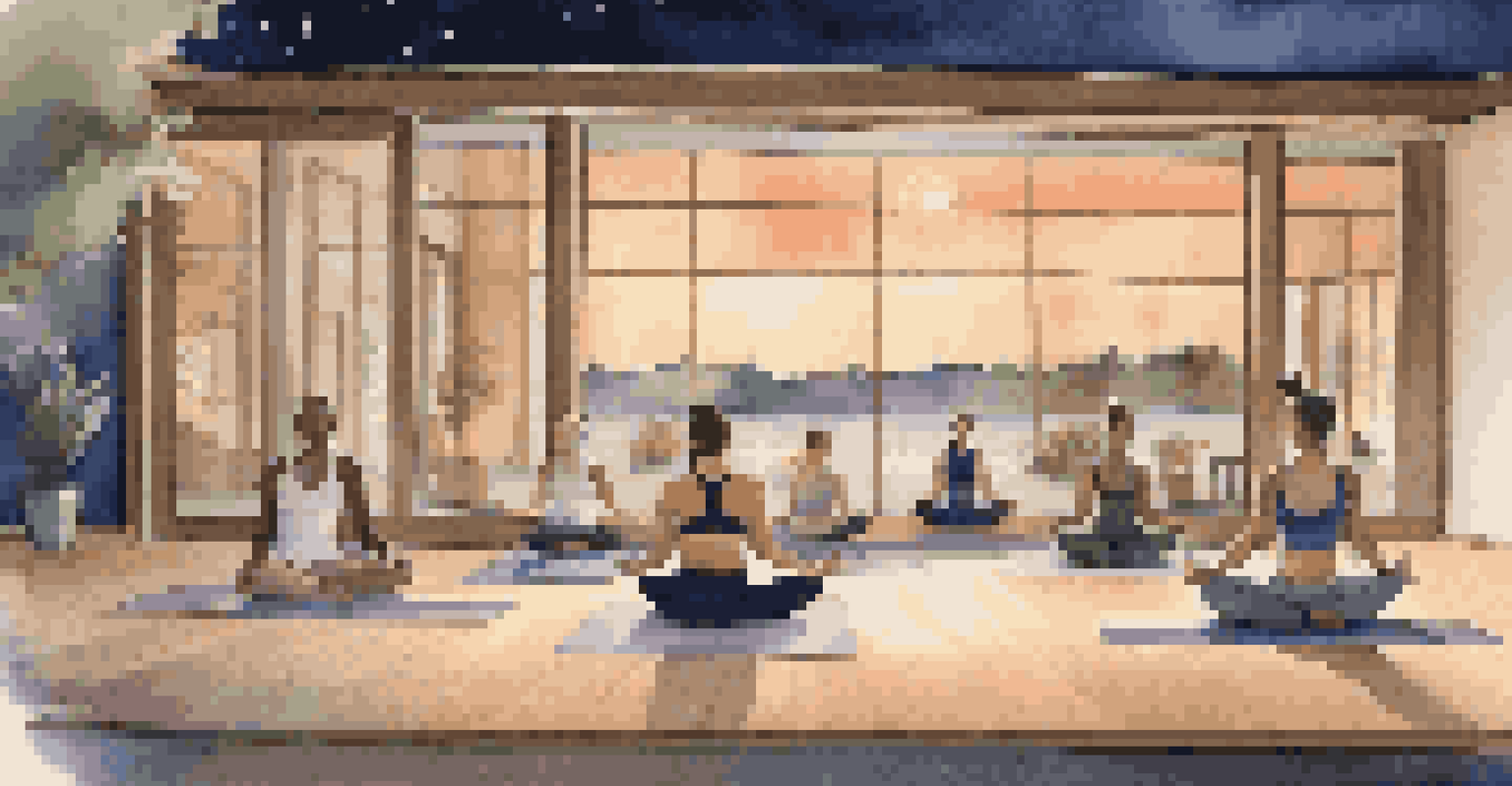 Members in a high-end fitness studio practicing yoga under a starlit sky, surrounded by soft ambient lighting.