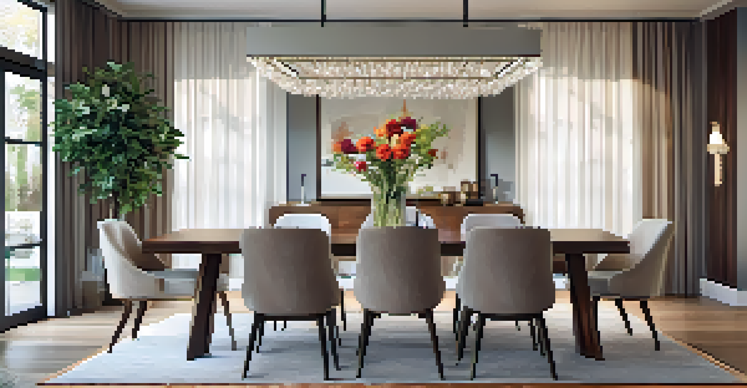 An elegant dining area with a wooden dining table, modern chairs, and a striking floral centerpiece under warm pendant lighting.