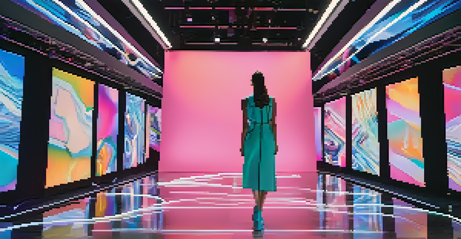A futuristic fashion show with a model in augmented reality attire and holographic displays.