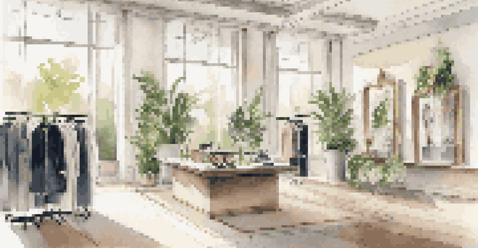 An interior view of a luxury fashion rental showroom filled with designer garments, softly lit by natural light and adorned with decorative plants.