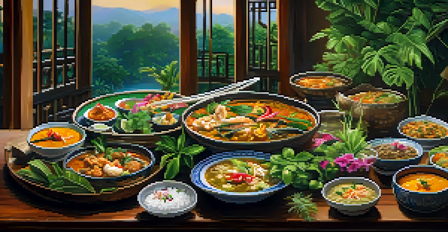 A spread of colorful Thai dishes on a wooden table, surrounded by tropical plants and soft lighting.