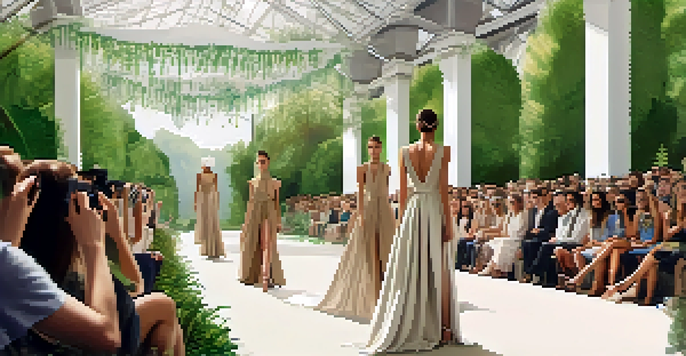 A runway show featuring models in sustainable fashion, surrounded by greenery and natural light.