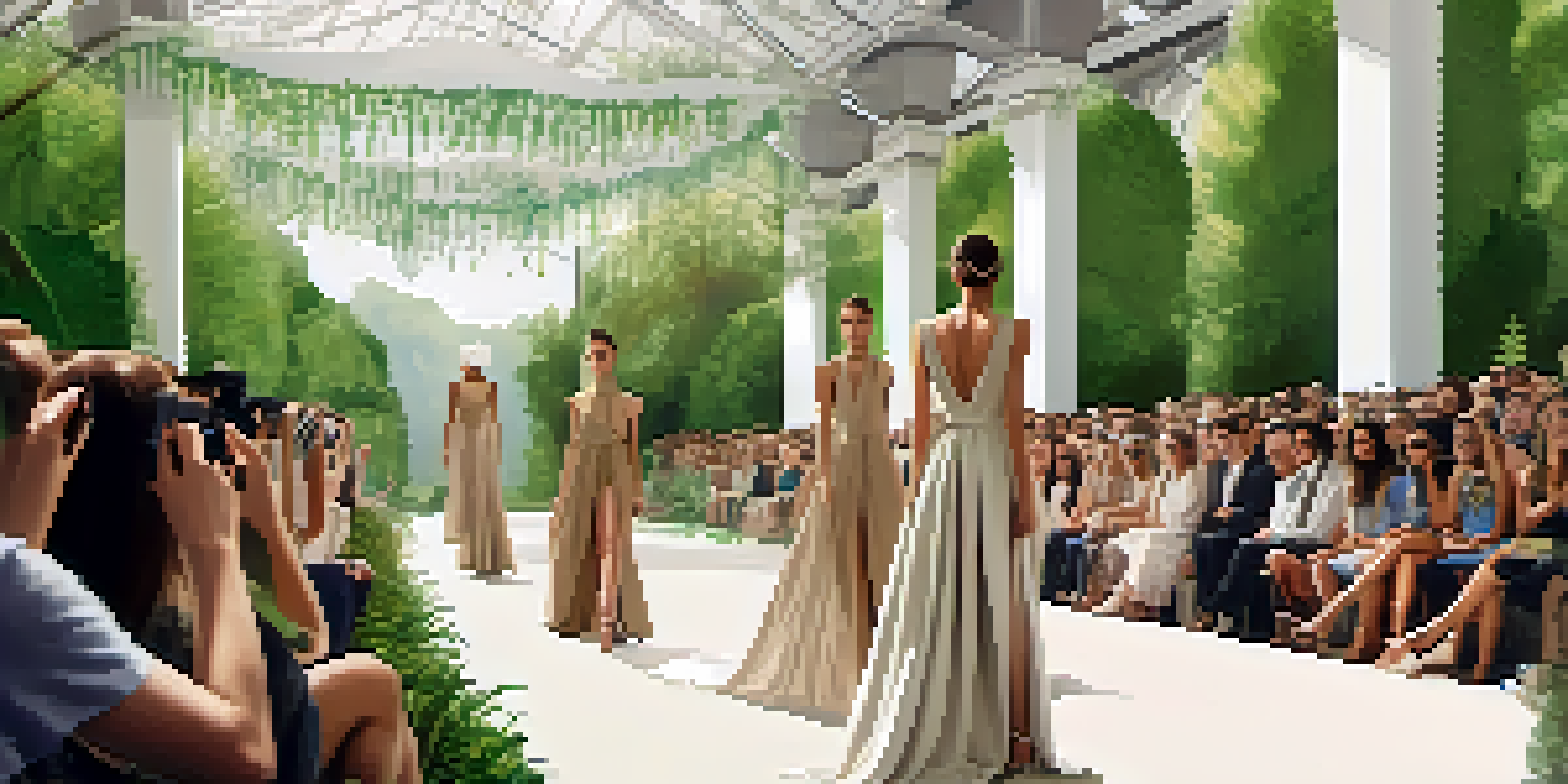 A runway show featuring models in sustainable fashion, surrounded by greenery and natural light.