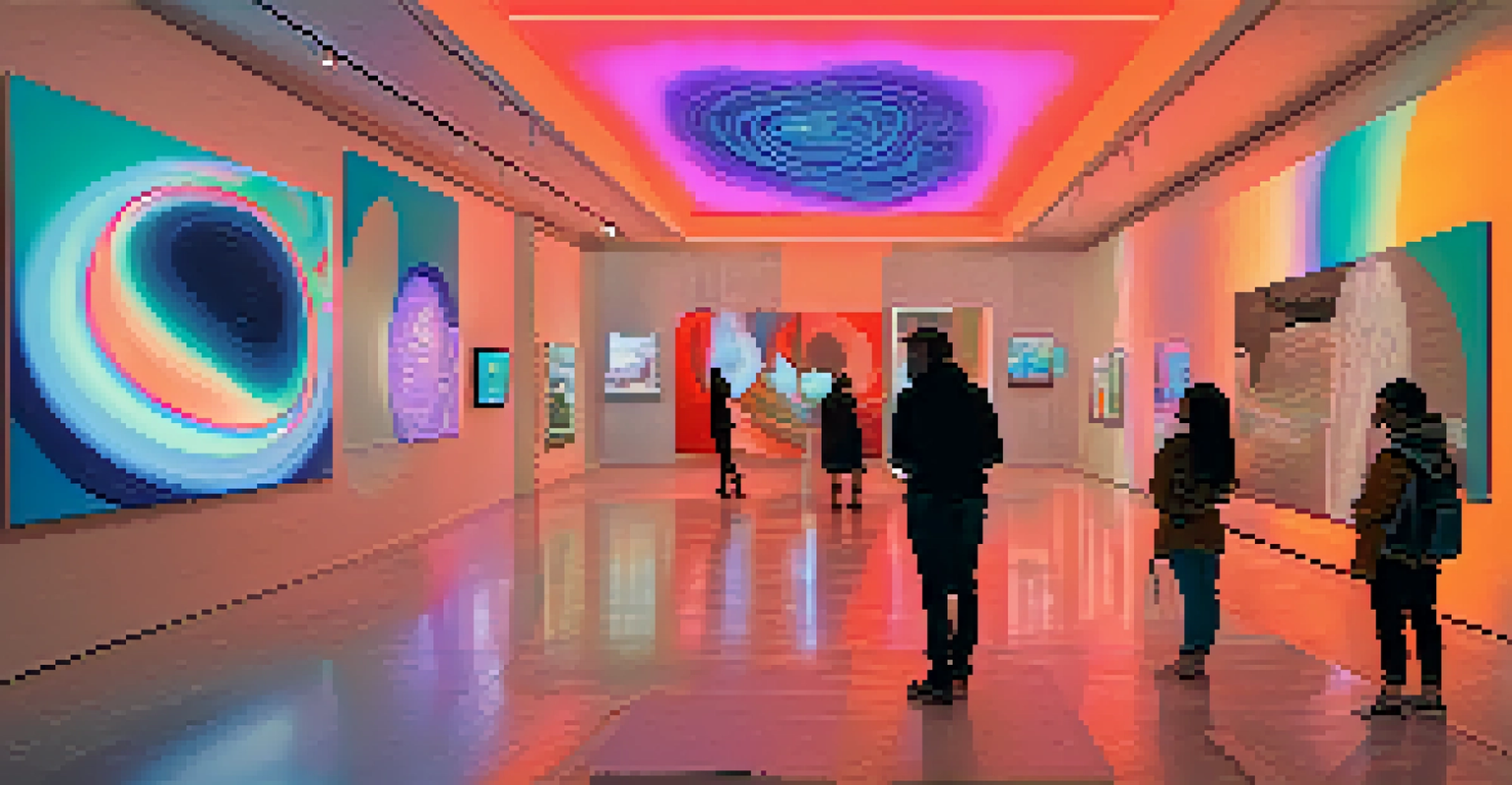 An immersive modern art gallery with digital art installations and visitors exploring augmented reality displays.