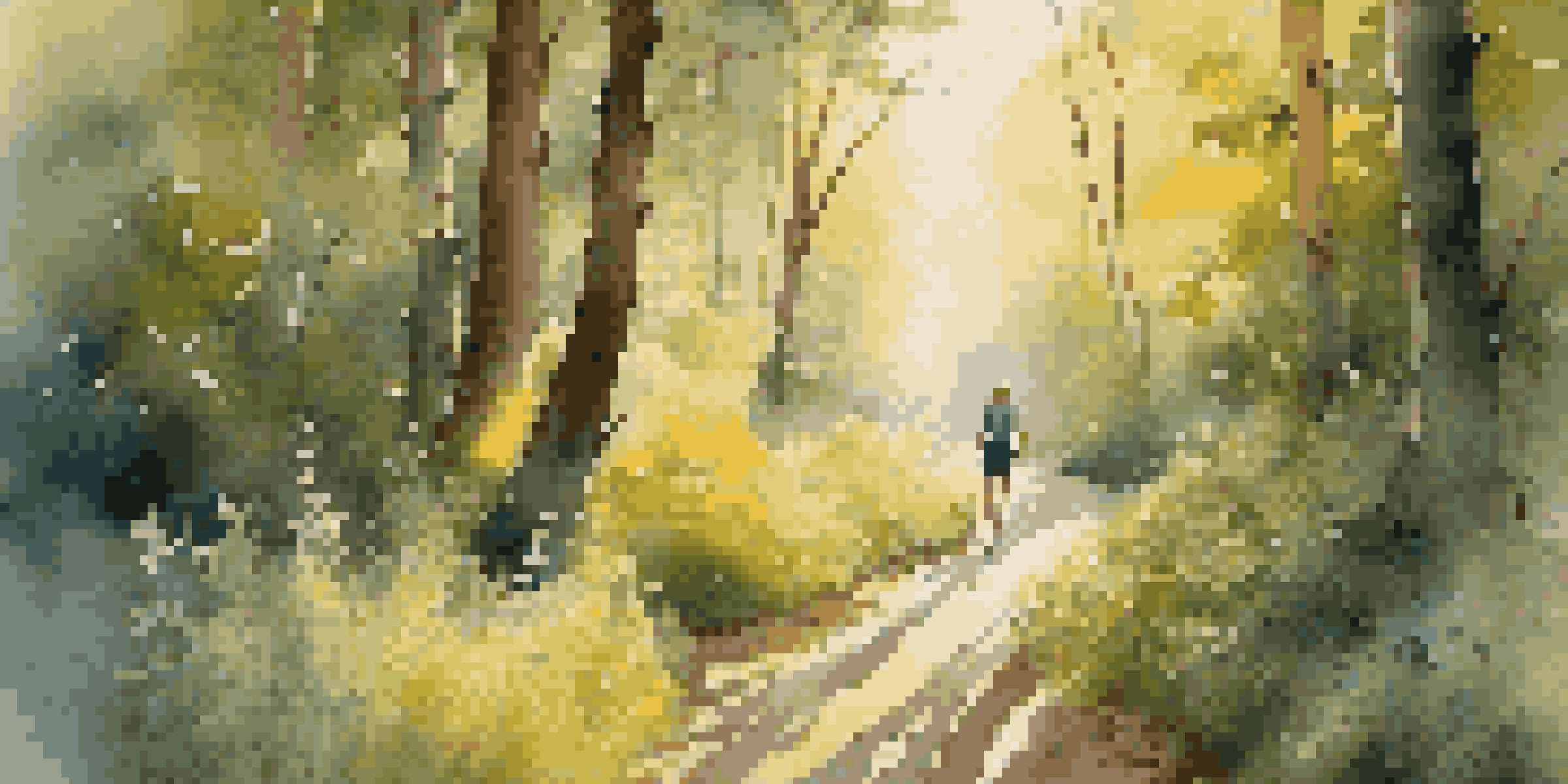 A peaceful forest with sunlight shining through trees, a path lined with flowers, and a person walking, conveying a sense of calm and connection with nature.