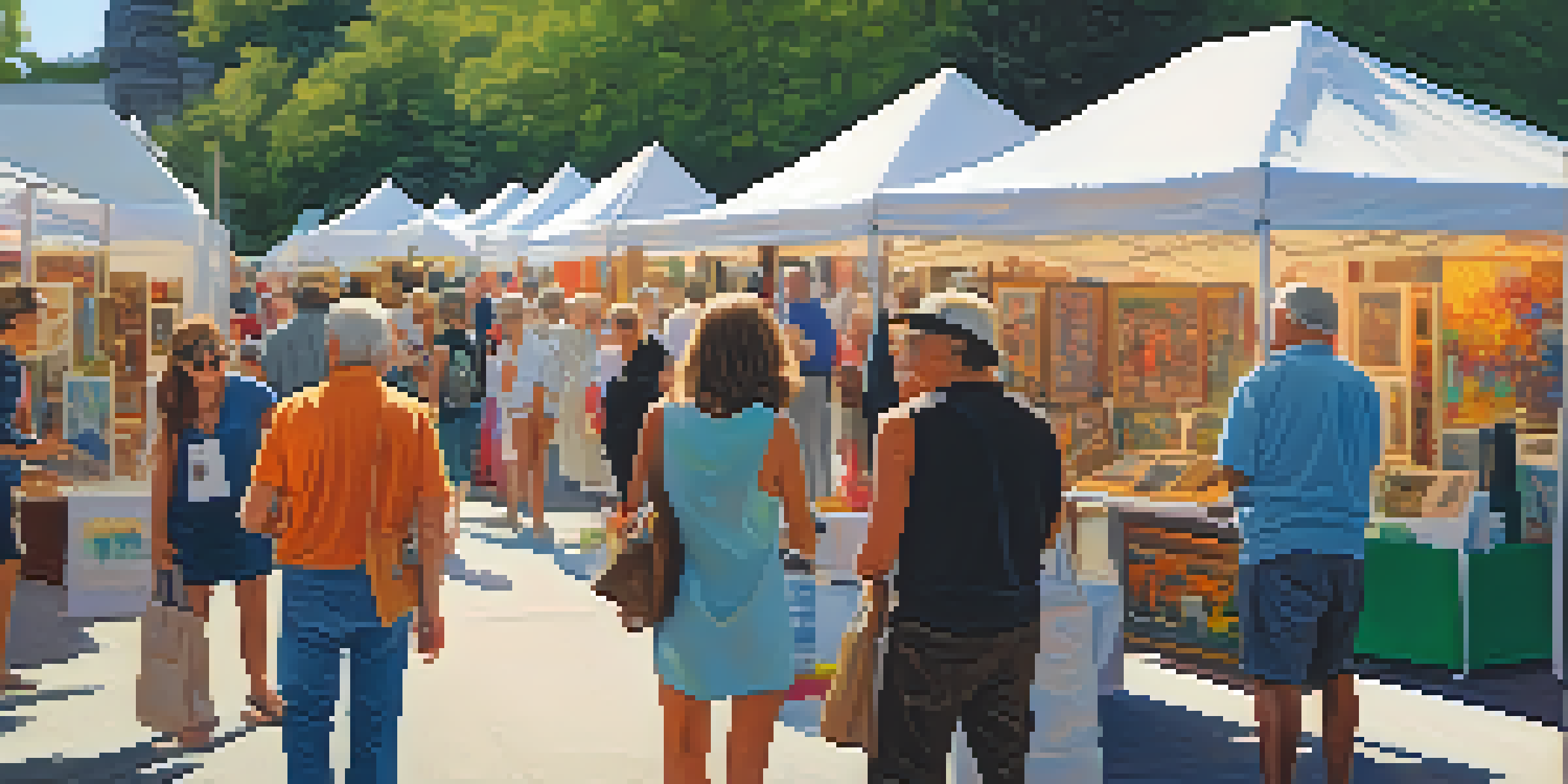A bustling art fair with diverse artworks and people engaging in conversations.