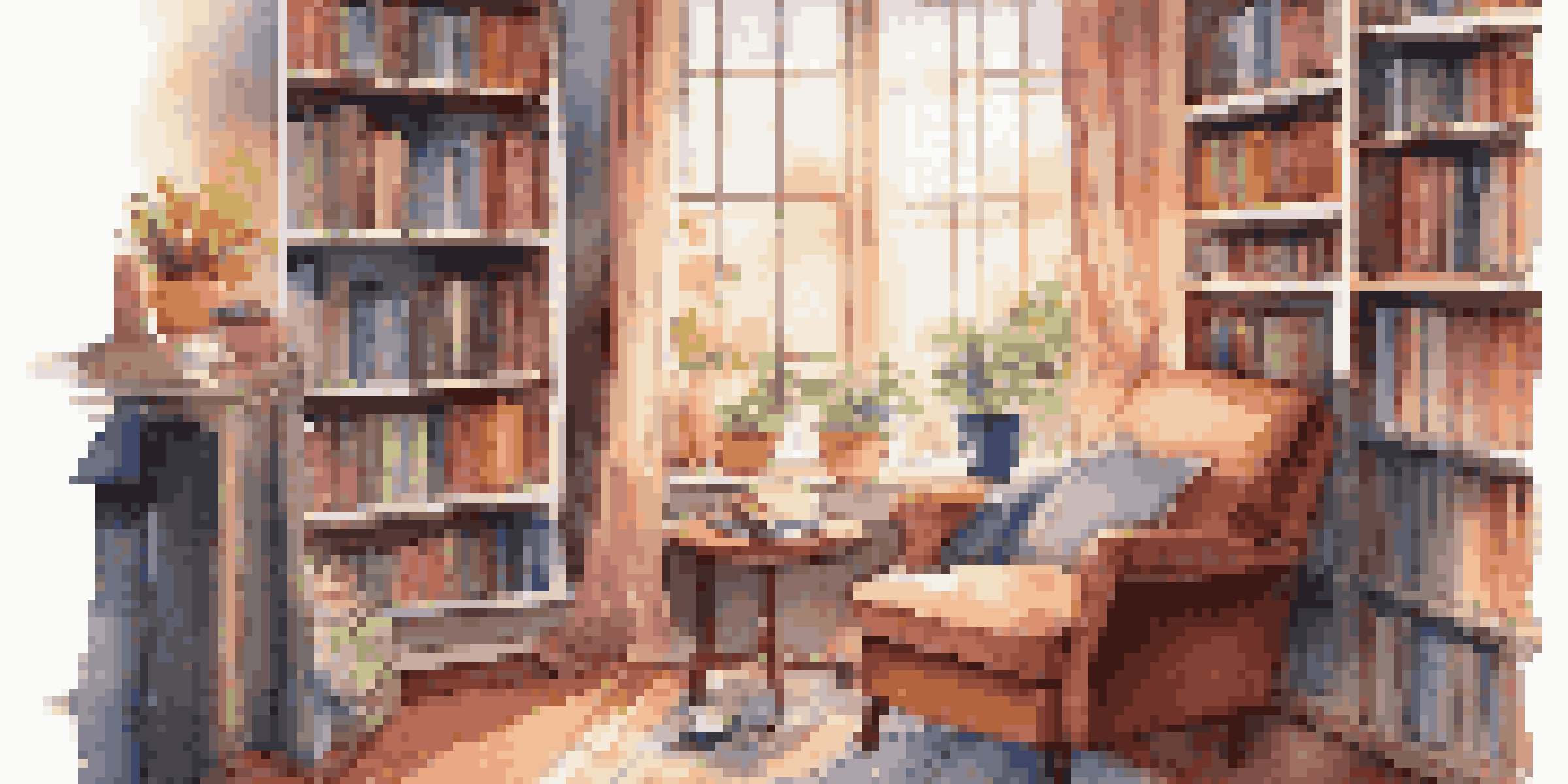 A warm and inviting home library with a reading chair, bookshelf, and a Bluetooth speaker on a table, bathed in soft natural light.