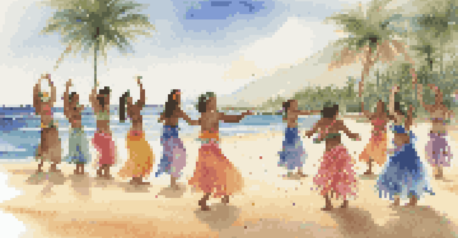 A community dance circle on a beach in Hawaii, featuring people of different ages dancing hula with the ocean in the background.